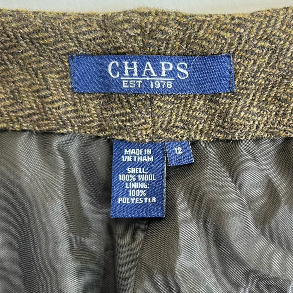 Chaps Wool Herringbone Straight Leg Poly Lined Brown Tan Pant Womens Size 12
